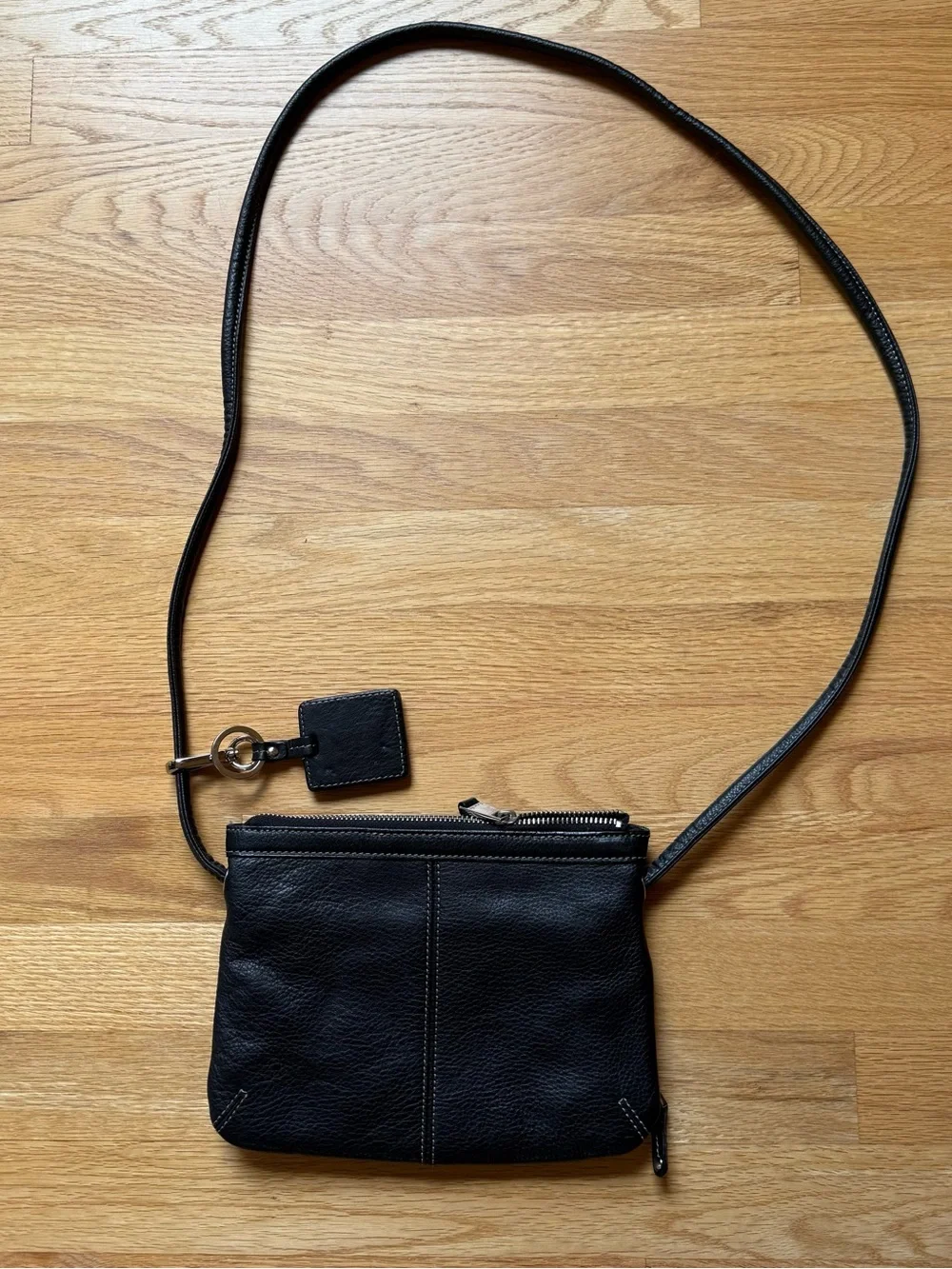 Tignanello Black Leather Crossbody with Front Zip Pocket